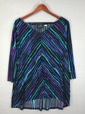 Bob Mackie Top Women's 1X Black Striped Tunic Popover Blouse V-Neck 3/4 Sleeve